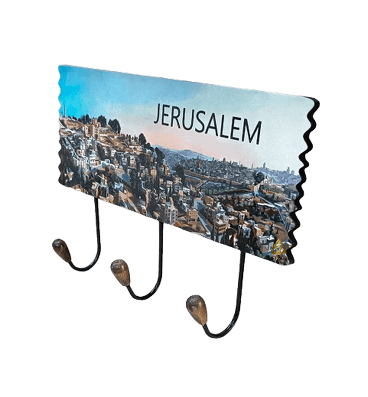 מתלה בגדים מלבני עץ הדפס עיר ירושלים אנגלית 3 ווים לתליה