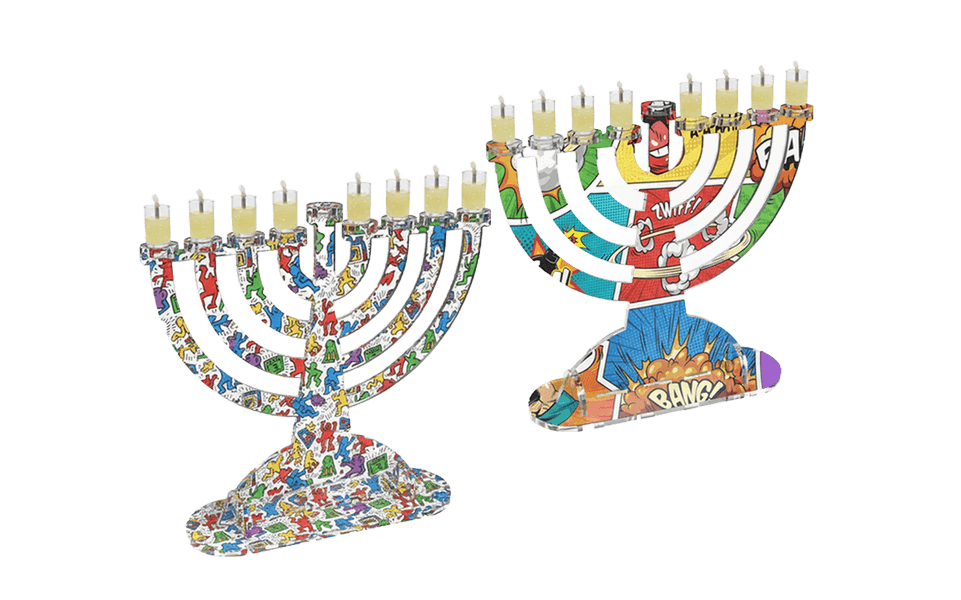 חנוכייה אקרילית מעוצבת בהתאמה אישית שם משפחה הקדשה ברכה אנימציות צבעונית