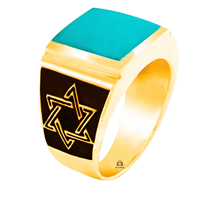 טבעת לגבר מגני דוד משני הצדדים בציפוי זהב 14 קראט ושיבוץ אבן טורקיז סיננטית במרכז