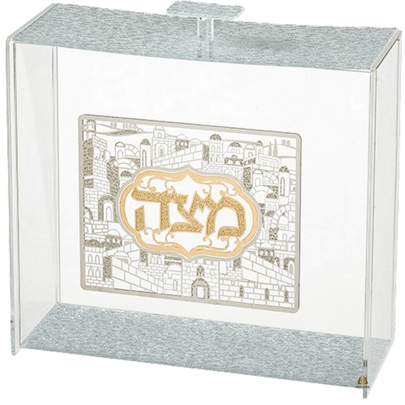 כלי למצה פרספקט מרובע שקוף ונצנצים עם פלקטה ירושלים 