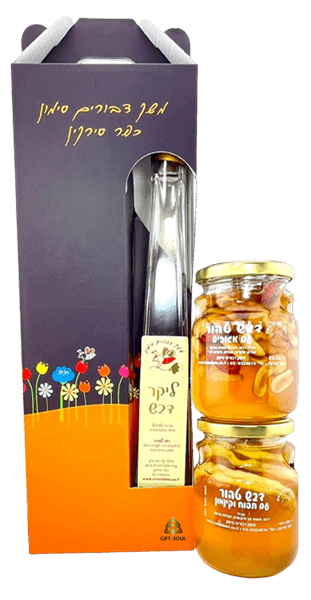 מארז דבש ראש השנה ליקר דבש זוג צנצנות דבש דבש פיצוחים דבש תפוח עץ קינמון