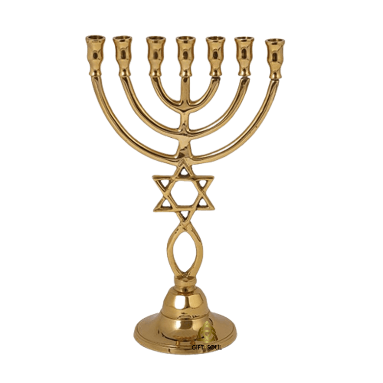 מנורת נחושת 7 קנים מיוחדת עם סמלי המגן דוד ודג בסיס עגול