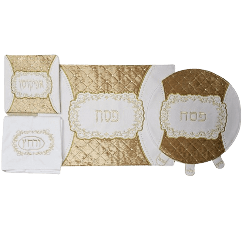 סט כיסויים לפסח דגם מופר דמוי עור וקטיפה זהב
