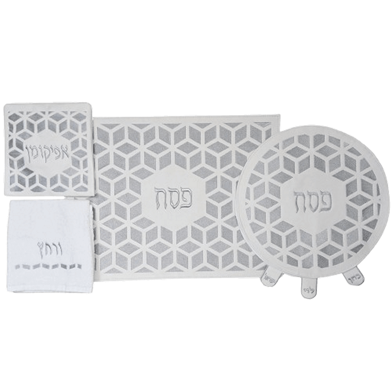 סט כסויים לפסח דגם תלת מימד דמוי עור לבן ריקמה כסףLL306165