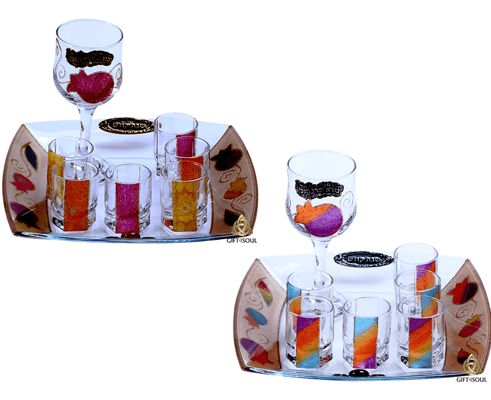 סט קידוש מתנה לכלה כוס קידוש ושש כוסות מגש רימונים צבעוני