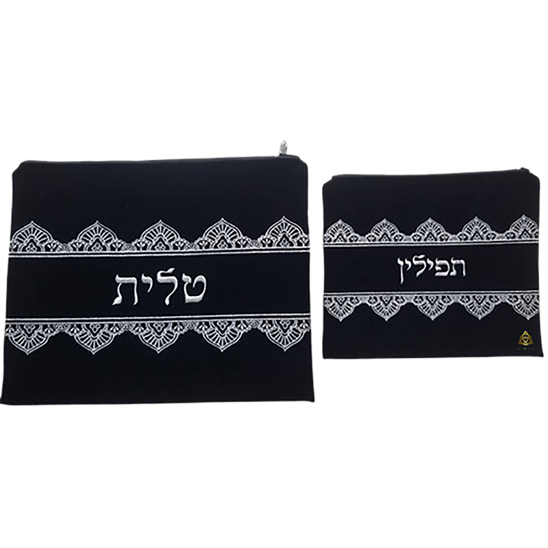 סט כיסויים תפילין וטלית קטיפה כחול רוביקון מנדלה רחבה ריקמה כסף