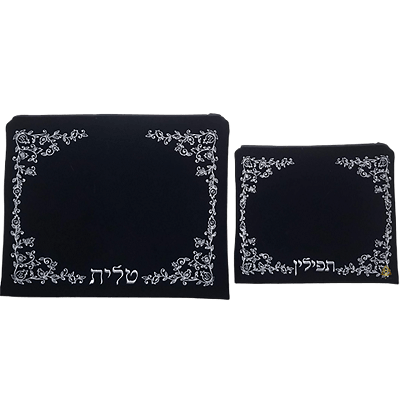 סט כיסויים תפילין וטלית קטיפה כחול רוביקון רימונים ריקמה כסף
