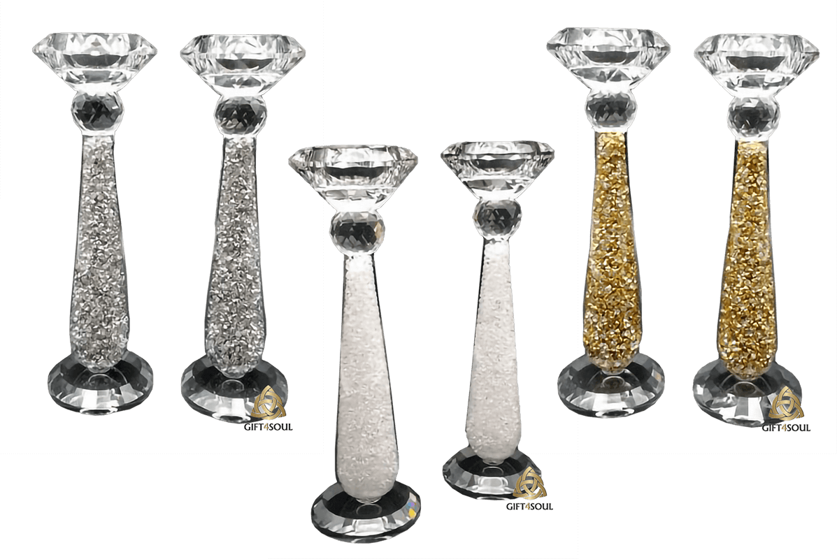 פמוטים לשבת קריסטל אלגנטיים מילוי אבני זכוכית בגוון זהב כסף או לבן לבחירה