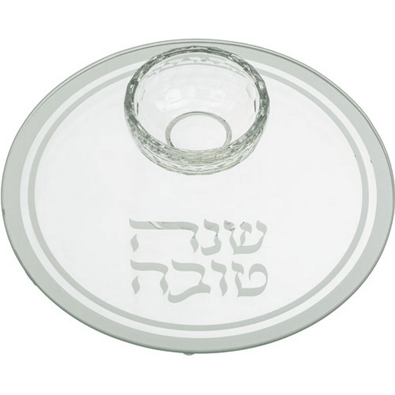 צלחת זכוכית לדבש עם הדפסה כסופה שנה טובה דגם מנדלה
