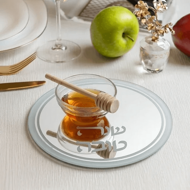 צלחת זכוכית לדבש עם הדפסה כסף שנה טובה