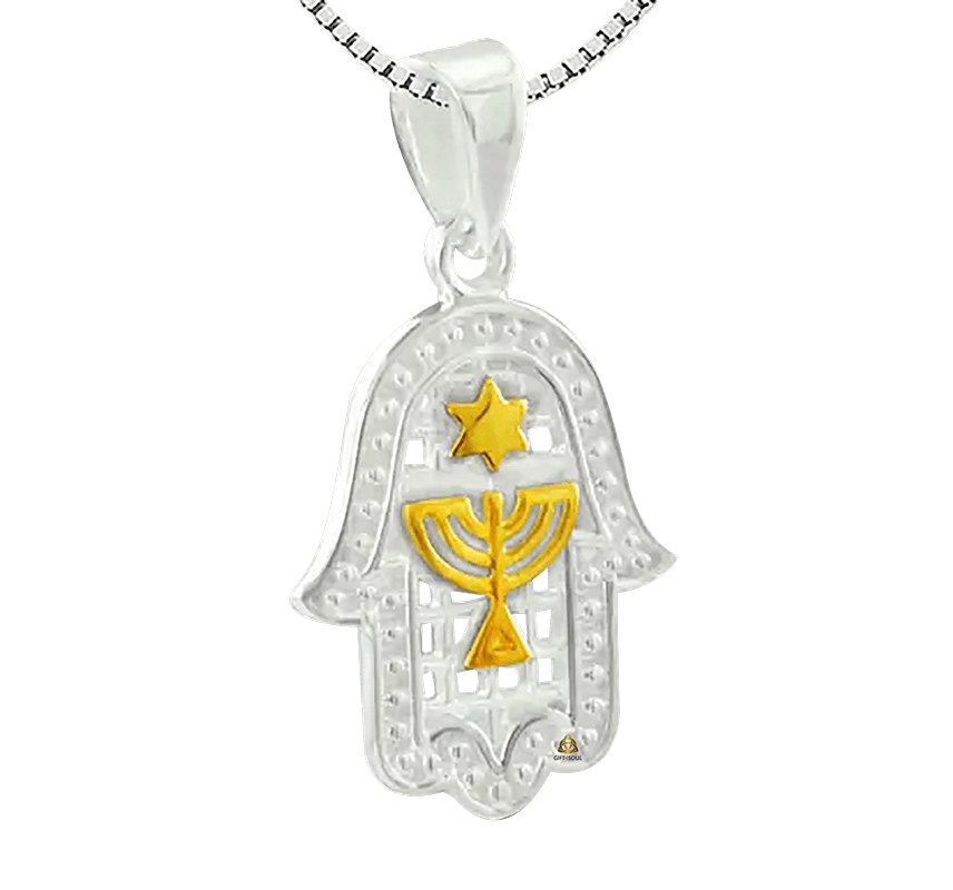 שרשרת חמסה כסף 925 עם מנורה 7 קנים ומגן דוד קטן ציפוי זהב 14 קראט לשמירה והגנה