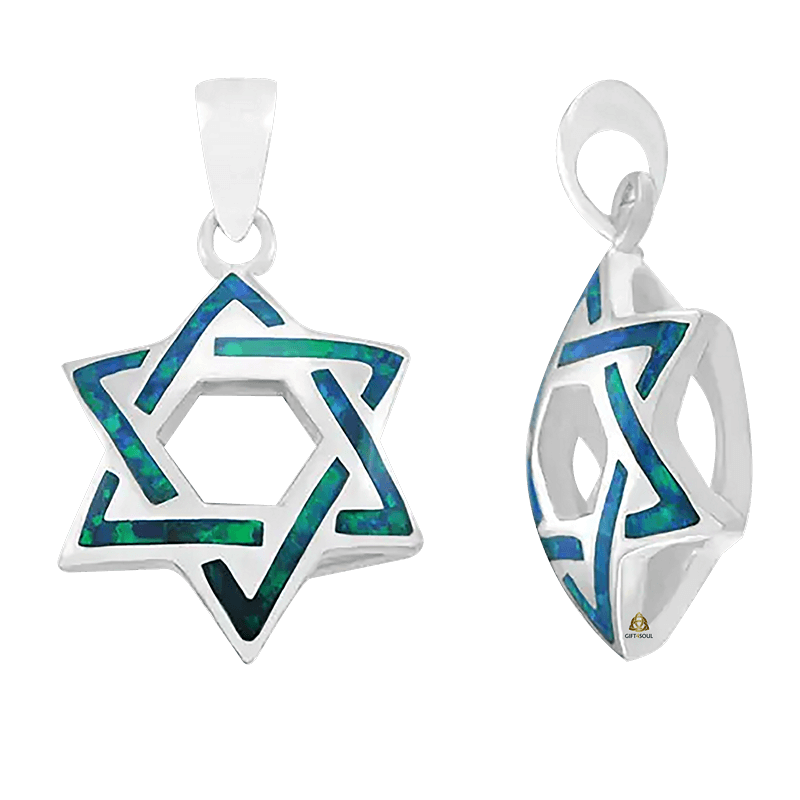  שרשרת מגן דוד נפוח מכסף סטרלינג 925 אבן אופל כחולה ירוקה לשמירה והגנה 