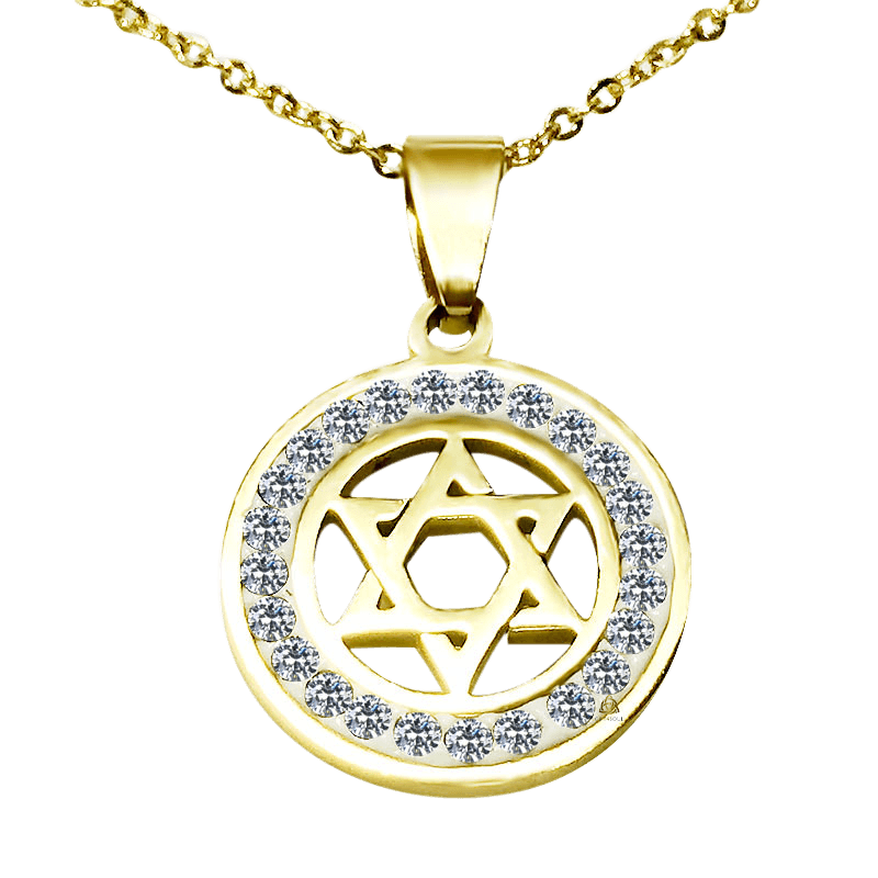 שרשרת סטיל מגן דויד ציפוי זהב עגול עם שיבוץ קריסטלים מנצנץ מסביב