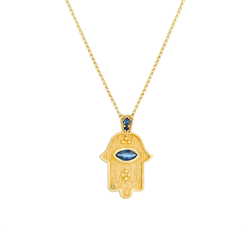 תליון זהב 18K חמסה מעוצבת עם אבן ספיר כחולה מרהיבה דמויית עין לברכה ומזל