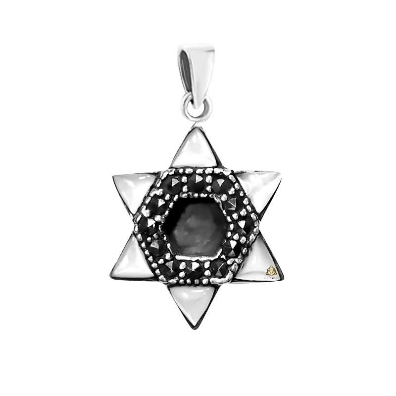 תליון מגן דוד כסף משובץ אם הפנינה צדף בקצוות שיבוץ מרקיזות