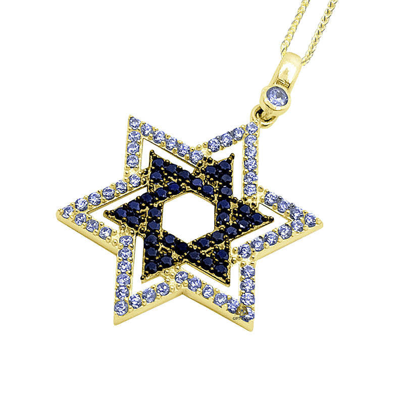 תליון מזהב 14K מגן דוד כפול בשיבוץ קריסטלים שחור לבן