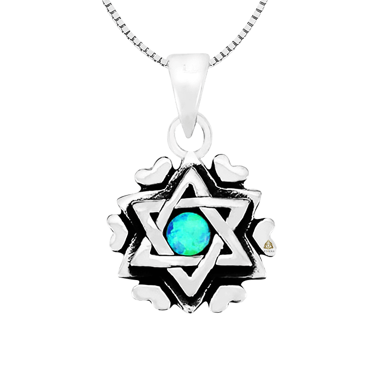 תליון שרשרת כסף מגן דוד שיבוץ אופל מעוטר עם לבבות מסביב