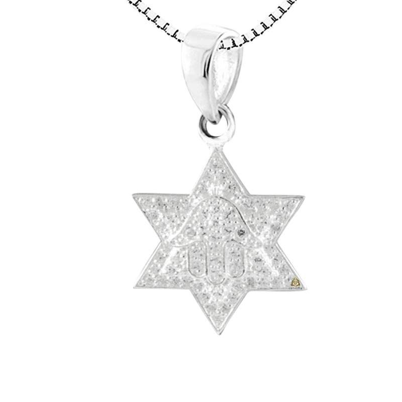 תליון שרשרת מגן דוד משובצת קריסטלים עם חמסה מרכזית מרהיבה