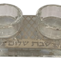 HA5551 זוג פמוטי קריסטל מהודרים על מגש מגזרת כסף מעויינים כיתוב שבת שלום